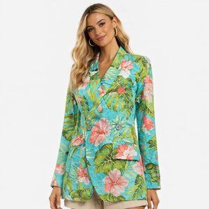 NWT Alla Berman Tropical Floral Sequin Blazer Turquoise M – Resort Chic